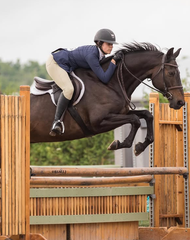 Hunter jumper clearing an oxer on the Ontario show circuit