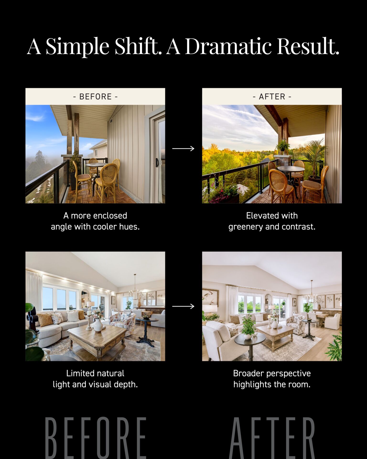 Before and after comparison of balcony and living room photography at 23 Stumpf Street