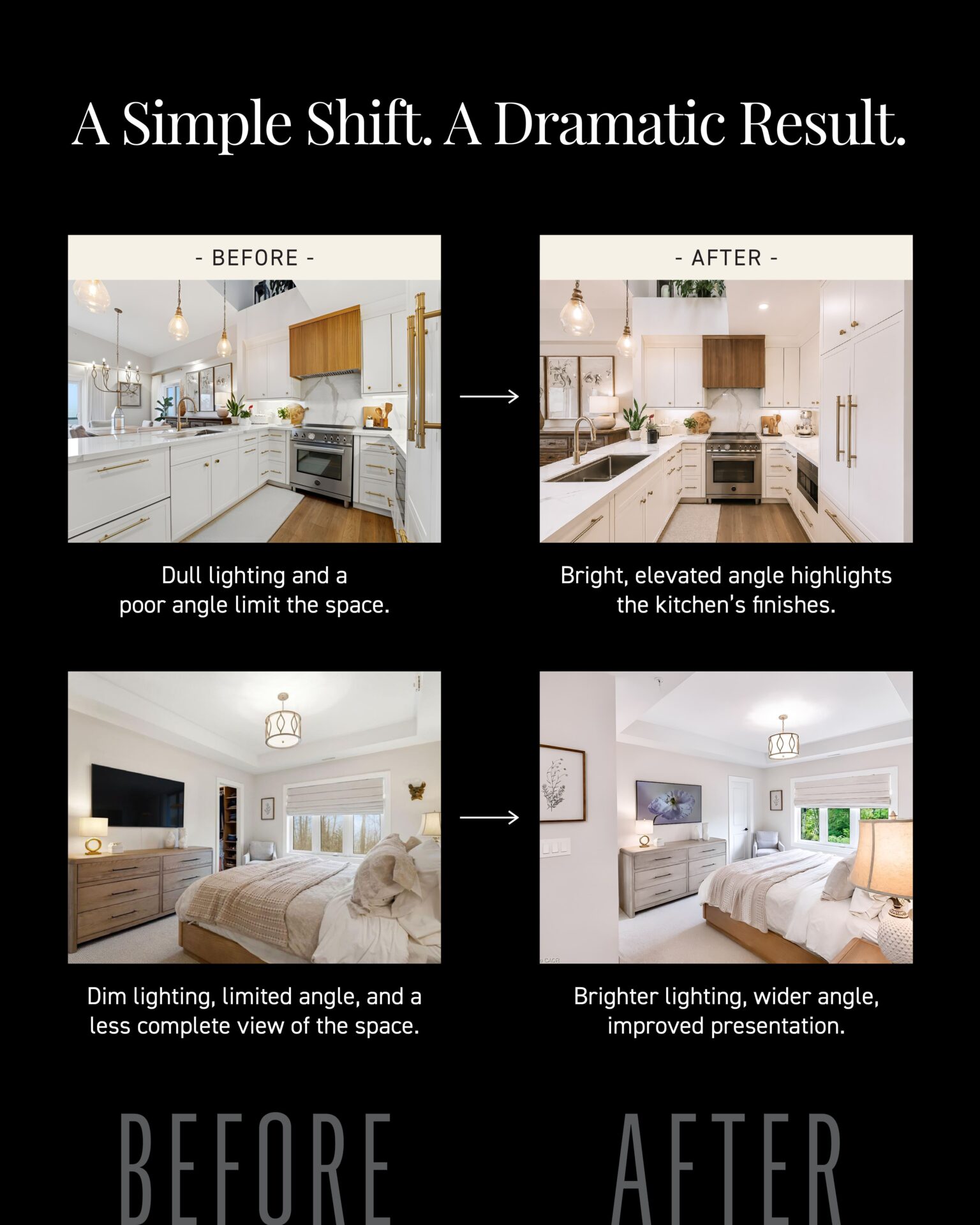 Before and after comparison of kitchen and bedroom photography at 23 Stumpf Street